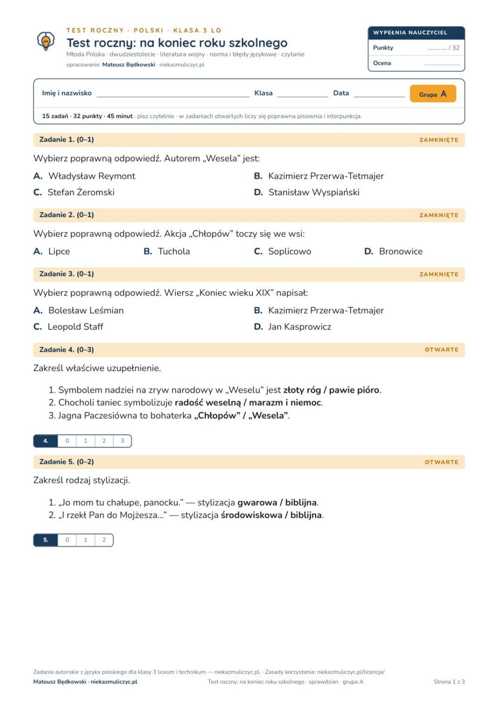 Test roczny z polskiego, klasa 3 liceum i technikum — B–E — okładka