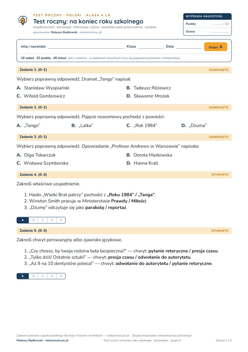 Test roczny z polskiego, klasa 4 liceum i technikum — B–E — okładka