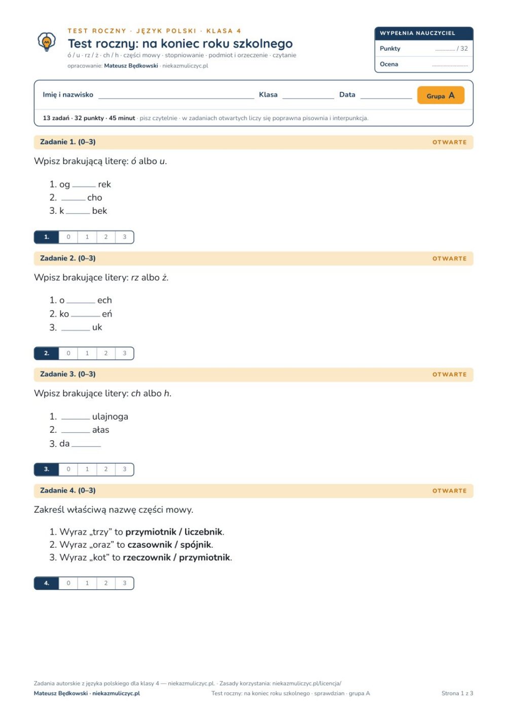 Testy roczne z polskiego, klasy 4–8 — grupy A–E PDF — okładka
