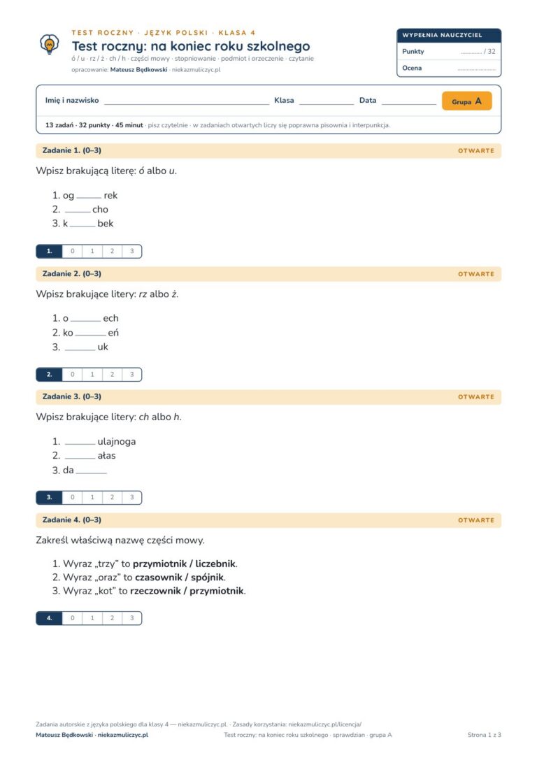 Testy roczne z polskiego, klasy 4–8 — grupy A–E PDF — okładka