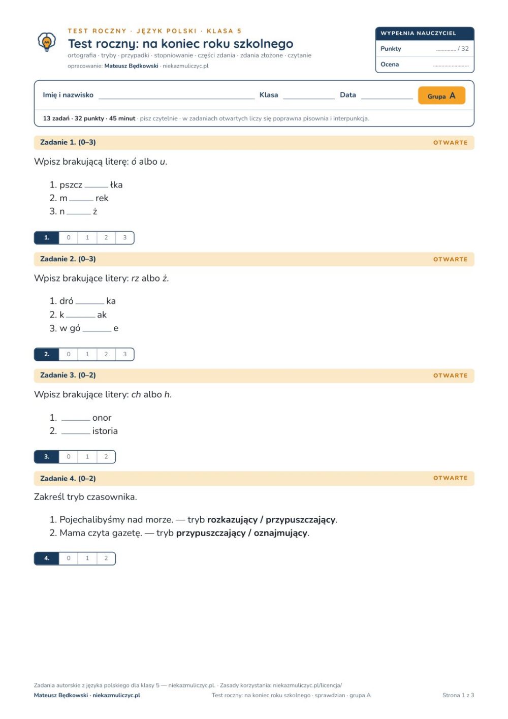 Test roczny z polskiego, klasa 5 — grupy B–E PDF — okładka