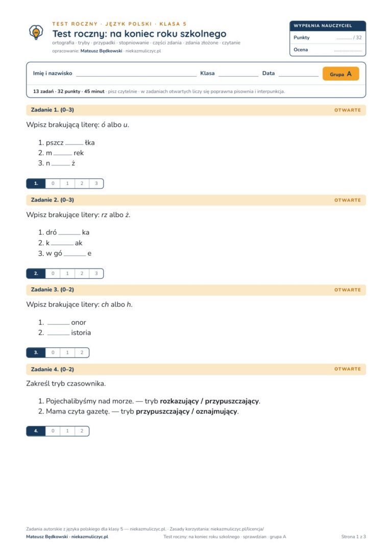 Test roczny z polskiego, klasa 5 — grupy B–E PDF — okładka