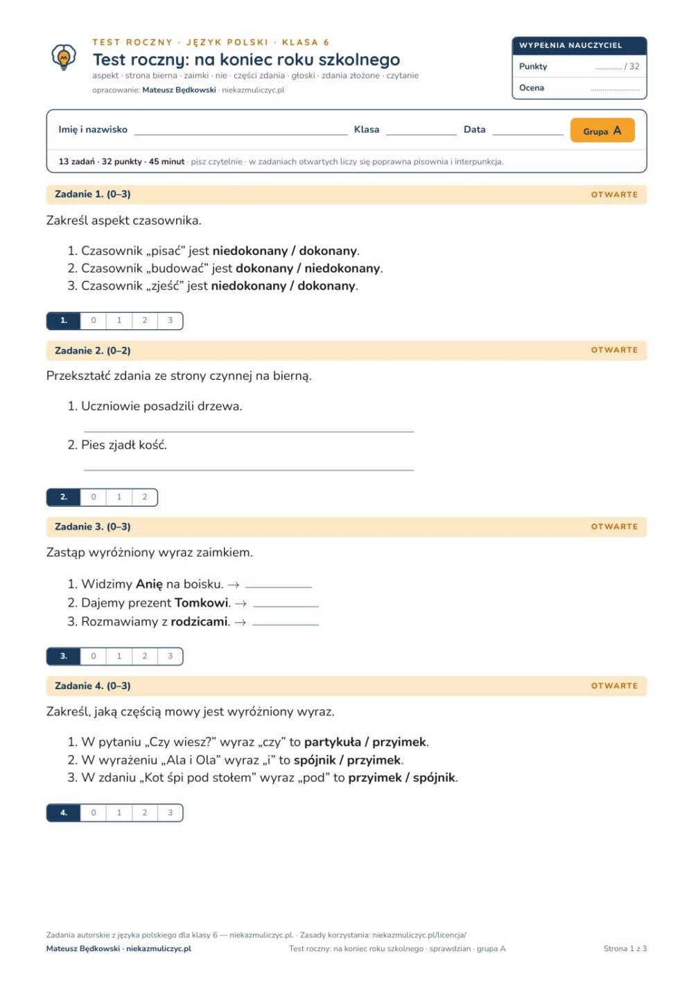 Test roczny z polskiego, klasa 6 — grupy B–E PDF — okładka