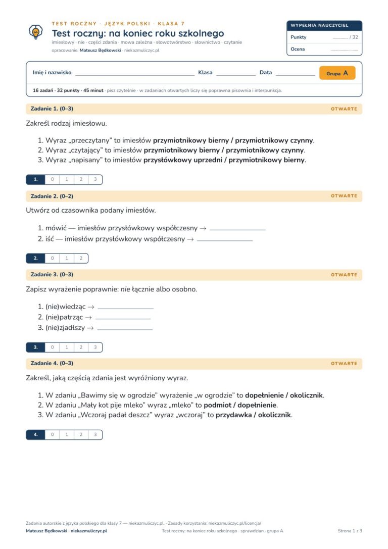 Test roczny z polskiego, klasa 7 — grupy B–E PDF — okładka