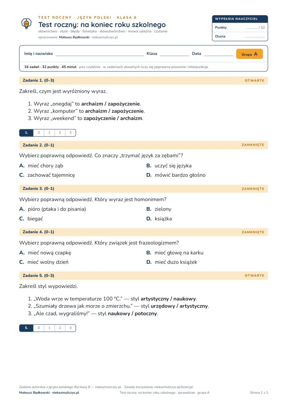 Test roczny z polskiego, klasa 8 — grupy B–E PDF — okładka