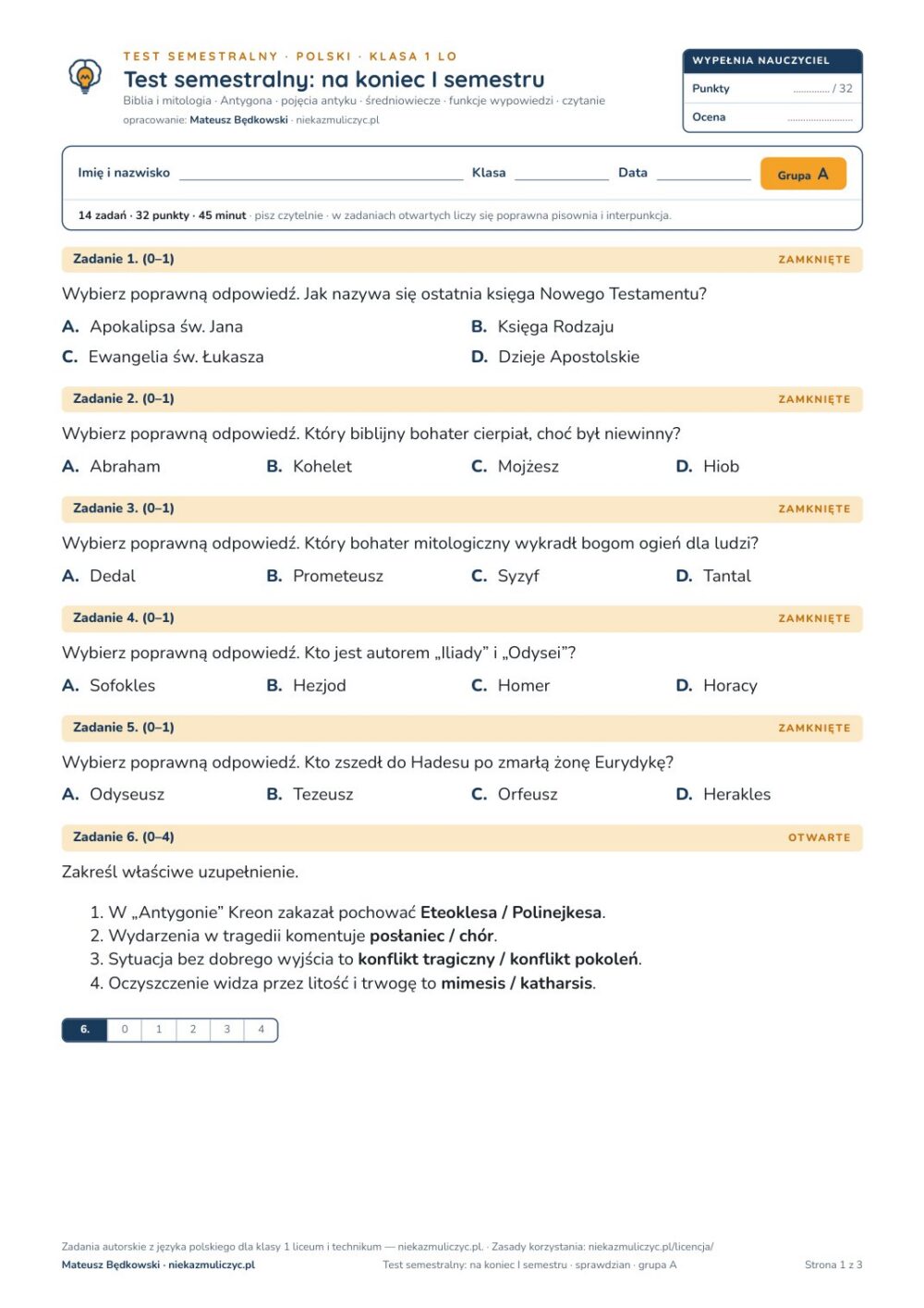 Test semestralny z polskiego, klasa 1 liceum i technikum — B–E — okładka