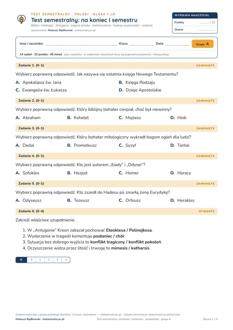 Test semestralny z polskiego, klasa 1 liceum i technikum — B–E — okładka