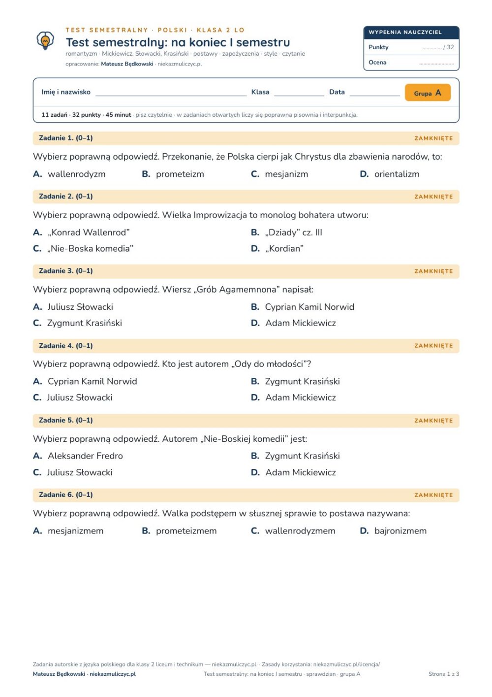 Test semestralny z polskiego, klasa 2 liceum i technikum — B–E — okładka