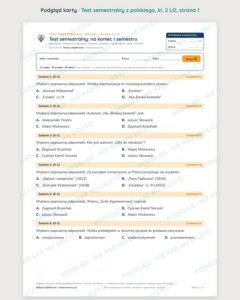Test semestralny z polskiego, klasa 2 liceum i technikum — B–E — podgląd, strona 1