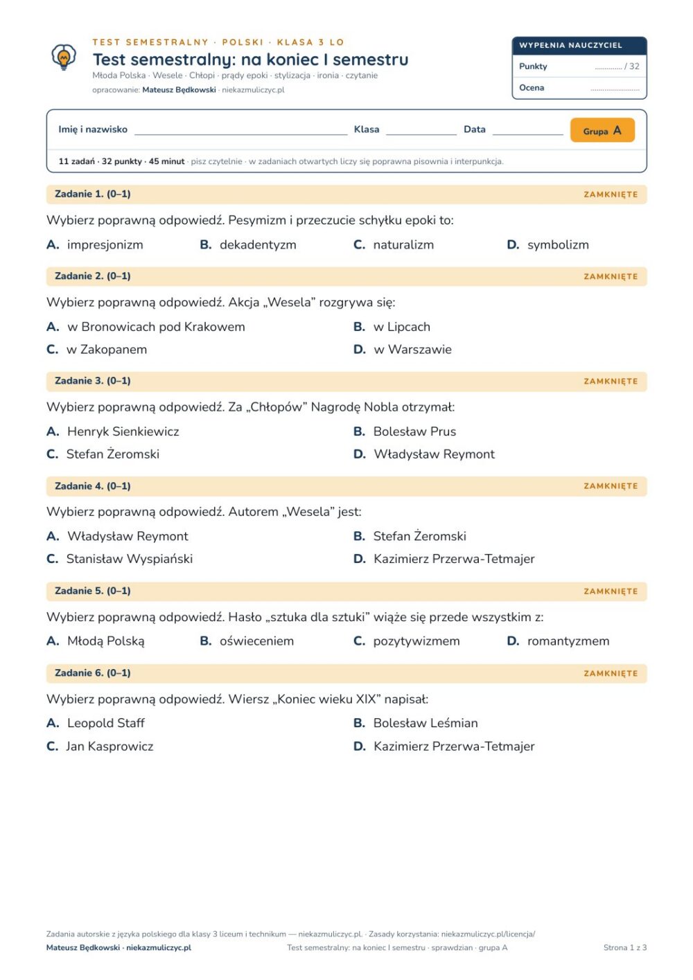Test semestralny z polskiego, klasa 3 liceum i technikum — B–E — okładka