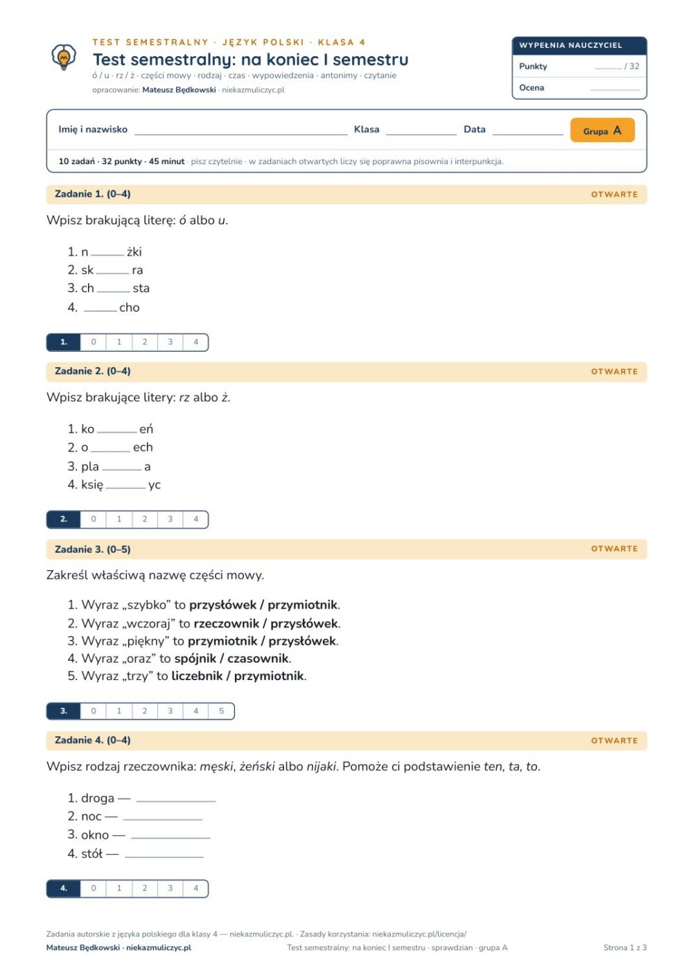 Testy semestralne z polskiego, klasy 4–8 — grupy A–E PDF — okładka