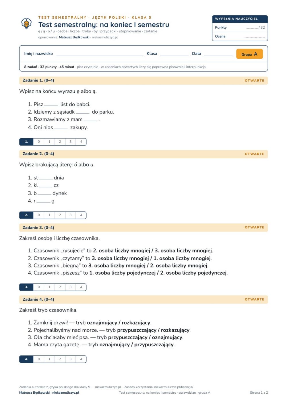 Test semestralny z polskiego, klasa 5 — grupy B–E PDF — okładka