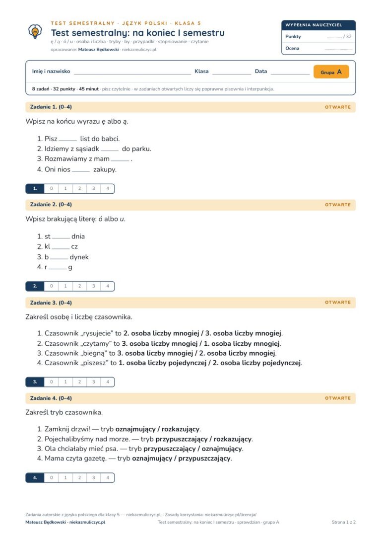 Test semestralny z polskiego, klasa 5 — grupy B–E PDF — okładka