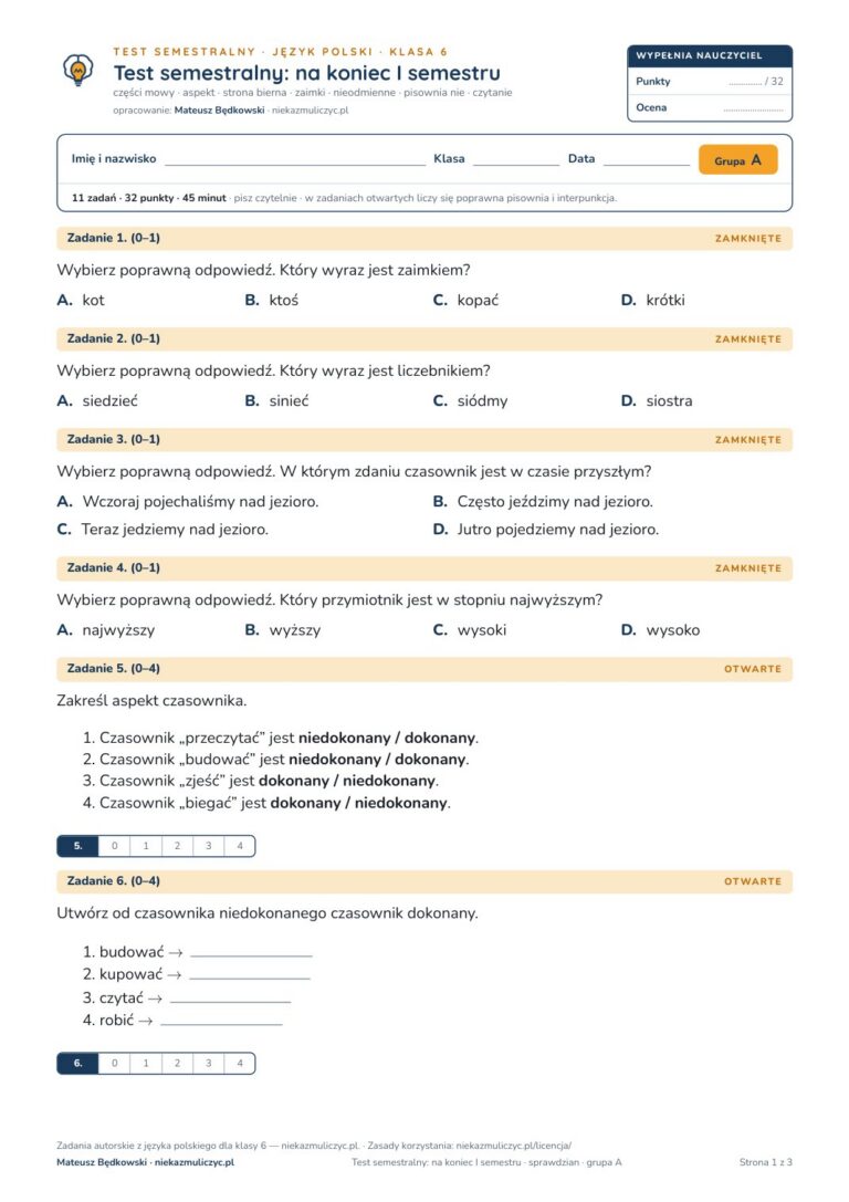 Test semestralny z polskiego, klasa 6 — grupy B–E PDF — okładka
