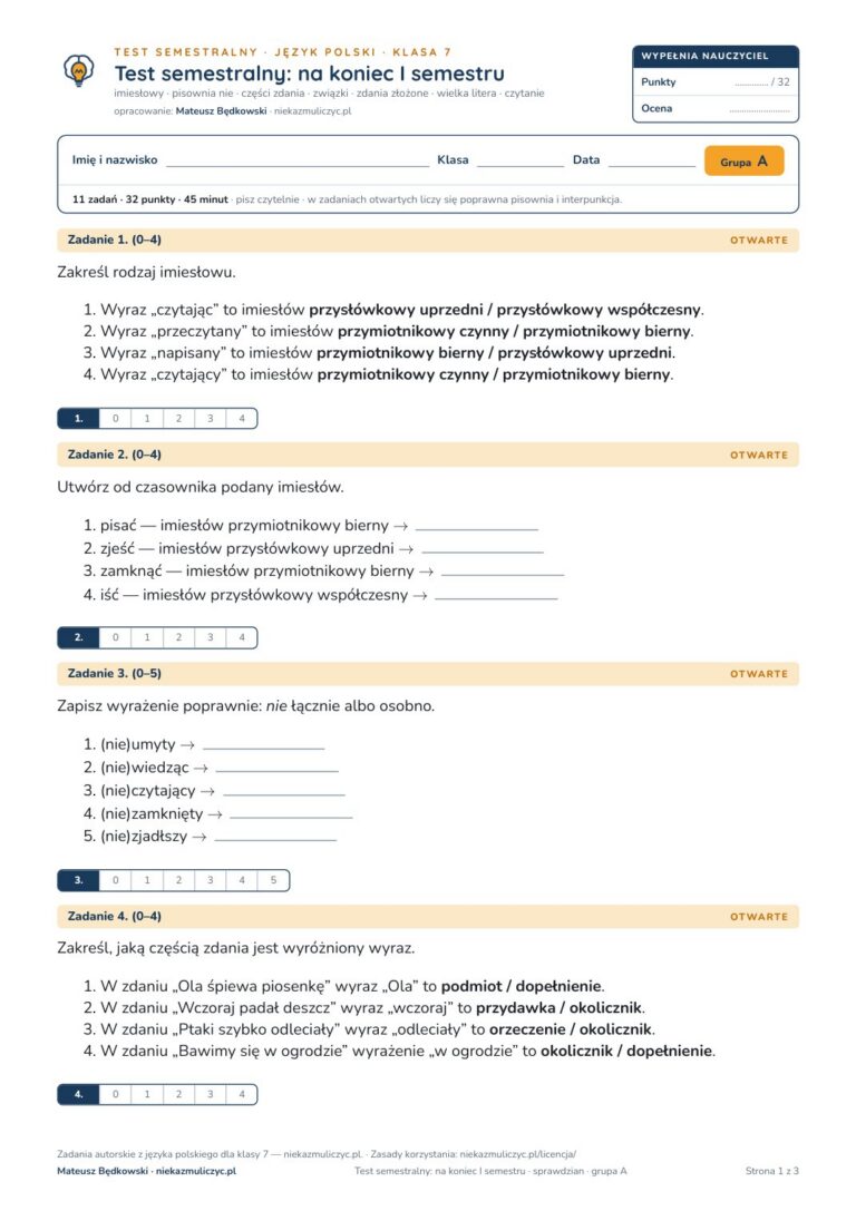Test semestralny z polskiego, klasa 7 — grupy B–E PDF — okładka