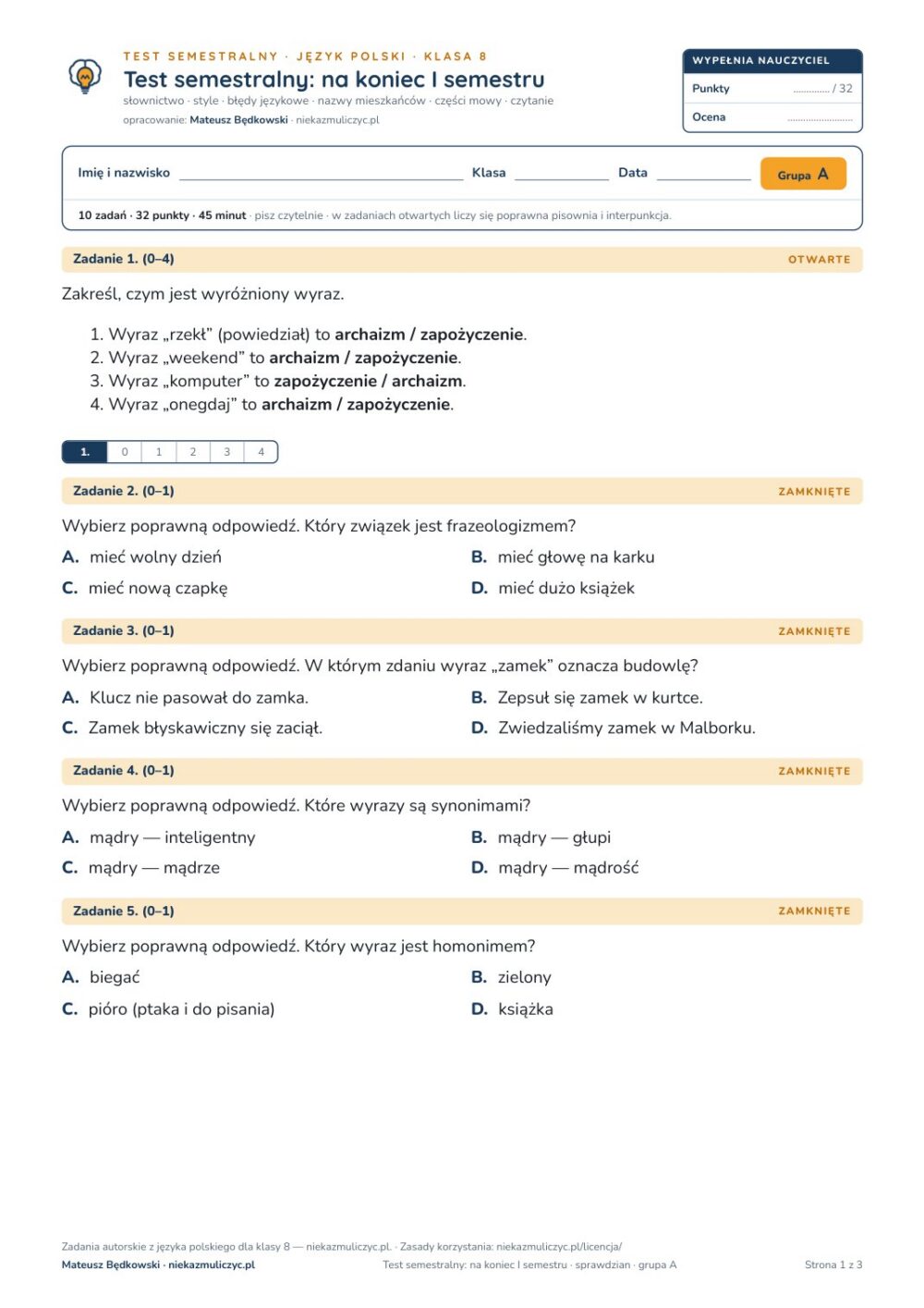 Test semestralny z polskiego, klasa 8 — grupy B–E PDF — okładka