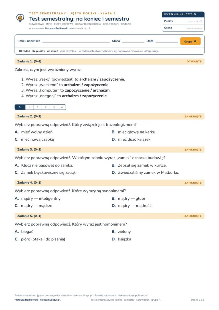 Test semestralny z polskiego, klasa 8 — grupy B–E PDF — okładka