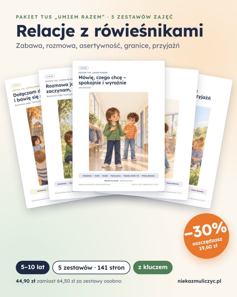 TUS Relacje z rówieśnikami: 5 zestawów zajęć, 5–10 lat — PDF z kluczem — grafika produktu