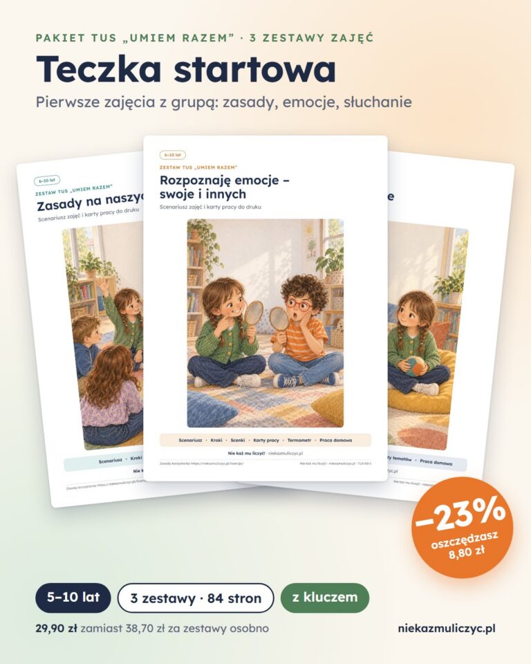 TUS Teczka startowa: 3 zestawy zajęć, 5–10 lat — PDF z kluczem — grafika produktu