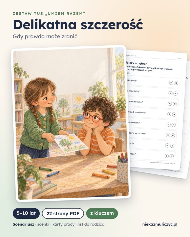 TUS: Delikatna szczerość, 5–10 lat — 22 strony PDF z kluczem — grafika produktu