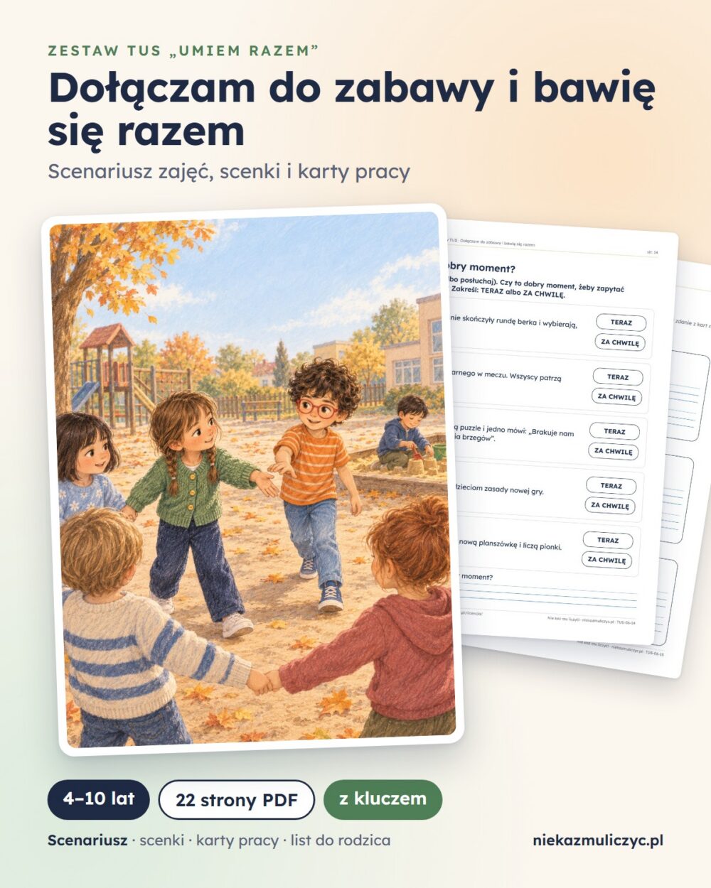 TUS: Dołączam do zabawy, 4–10 lat — 22 strony PDF z kluczem — grafika produktu