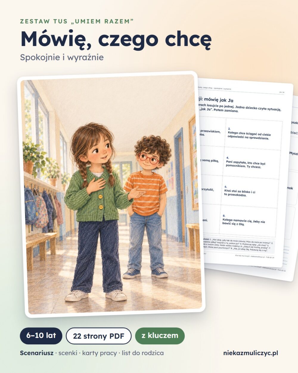 TUS: Asertywność dla dzieci, 6–10 lat — 22 strony PDF z kluczem — grafika produktu