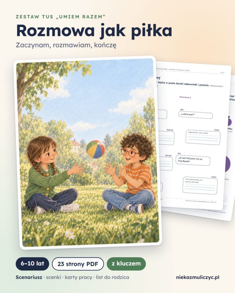 TUS: Rozmowa jak piłka, 6–10 lat — 23 strony PDF z kluczem — grafika produktu