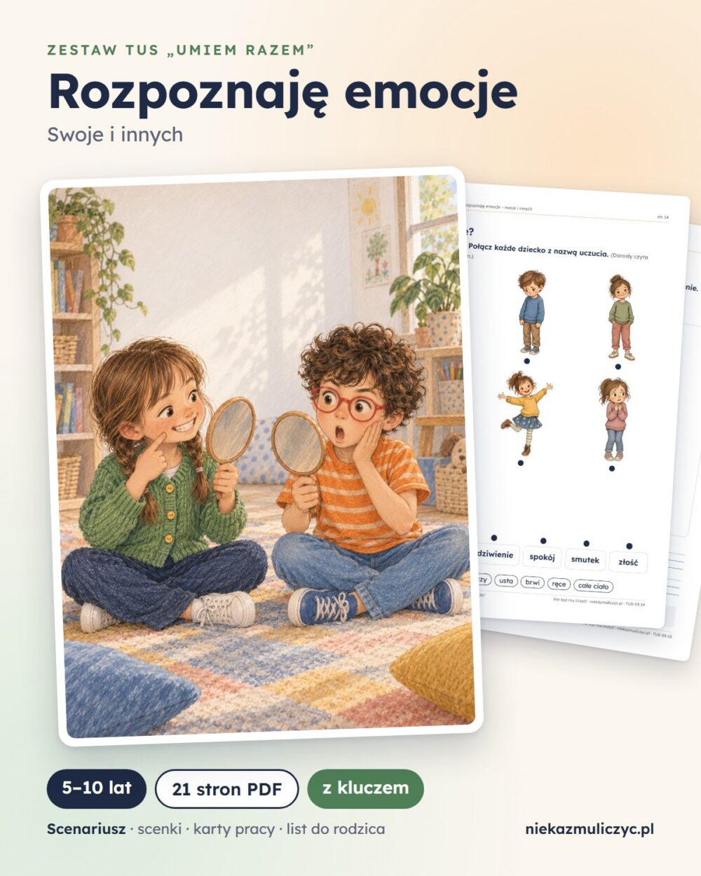 TUS: Rozpoznaję emocje, 5–10 lat — 21 stron PDF z kluczem — grafika produktu