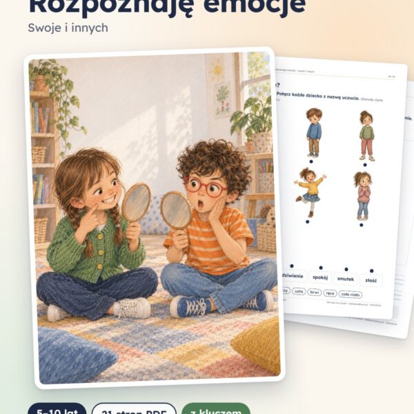 Okładka: TUS: Rozpoznaję emocje, 5–10 lat — 21 stron PDF z kluczem