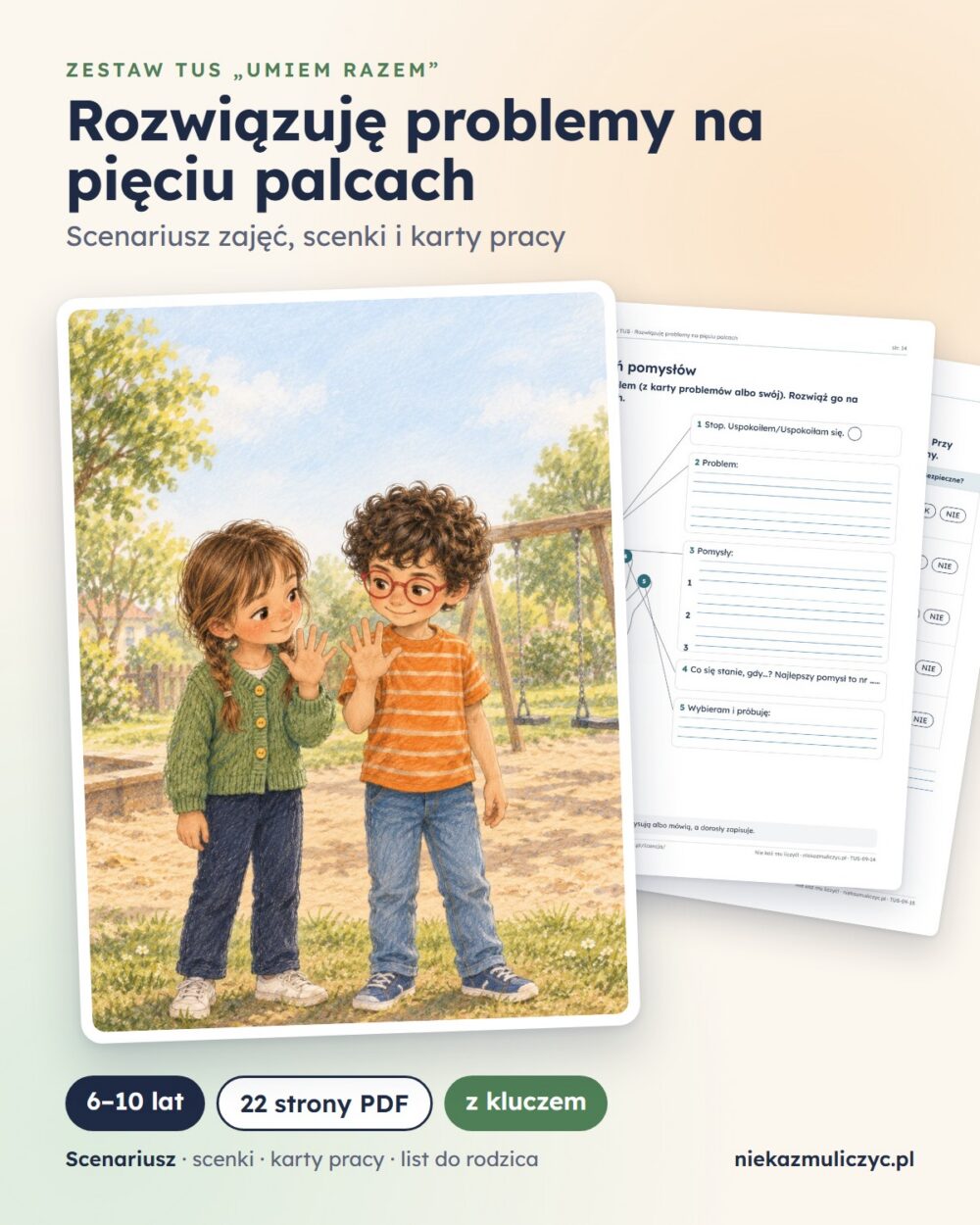 TUS: Rozwiązuję problemy, 6–10 lat — 22 strony PDF z kluczem — grafika produktu