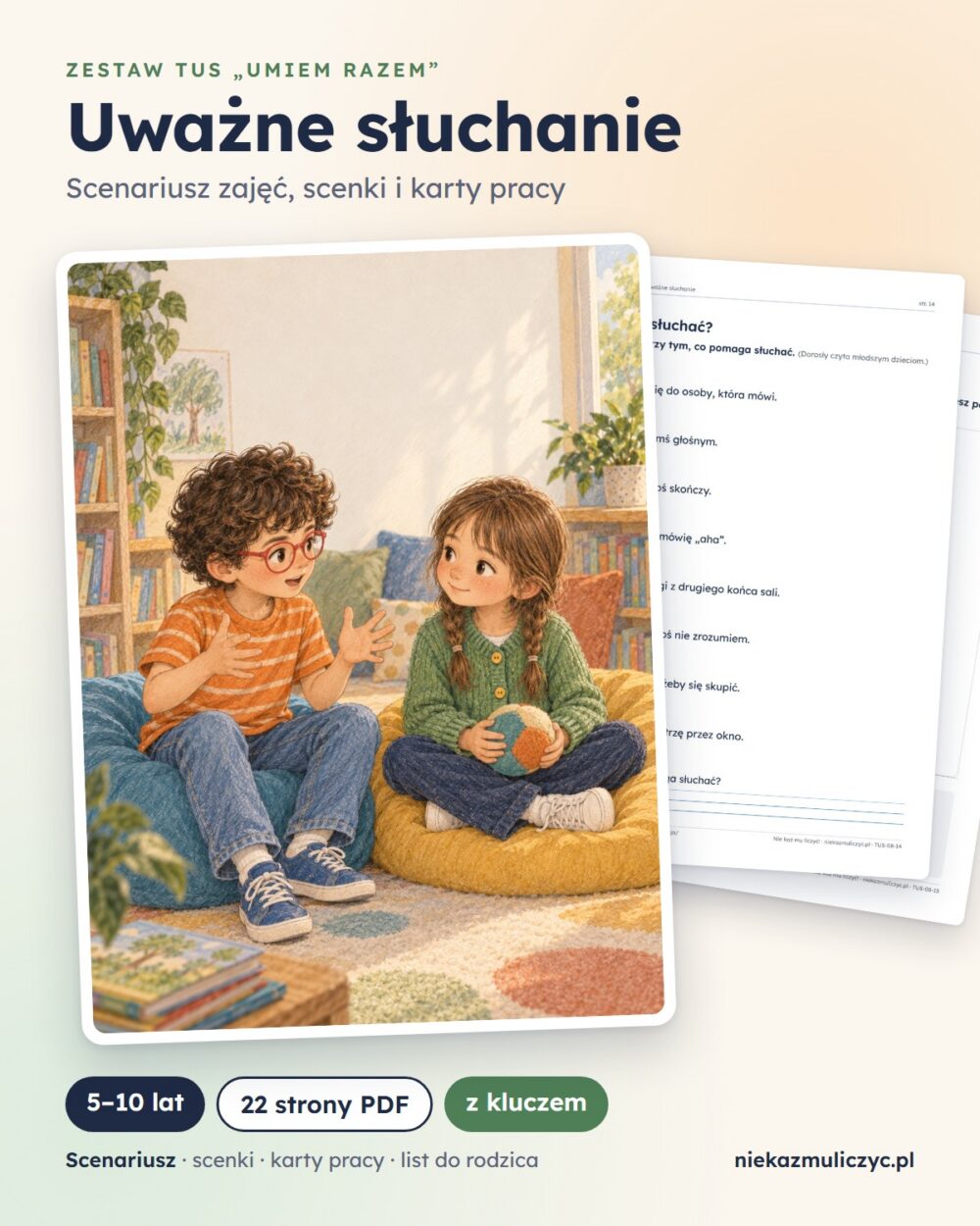 TUS: Uważne słuchanie, 5–10 lat — 22 strony PDF z kluczem — grafika produktu