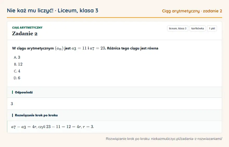 Rozwiązanie zadania 2, kartkówka „Ciąg arytmetyczny”, liceum, klasa 3: W ciągu arytmetycznym (an) jest a3 = 11 i a7 = 23. Różnica tego ciągu jest równa Odpowiedź: 3