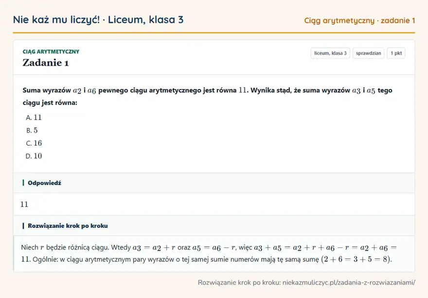 Rozwiązanie zadania 1, sprawdzian „Ciąg arytmetyczny”, liceum, klasa 3: Suma wyrazów a2 i a6 pewnego ciągu arytmetycznego jest równa 11. Wynika stąd, że suma wyrazów a3 i… Odpowiedź: 11