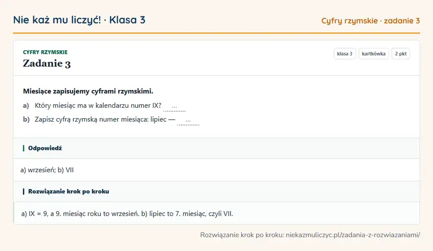Rozwiązanie zadania 3 — Cyfry rzymskie (klasa 3): Miesiące zapisujemy cyframi rzymskimi. a) Który miesiąc ma w kalendarzu numer IX? … b) Zapisz cyfrą…