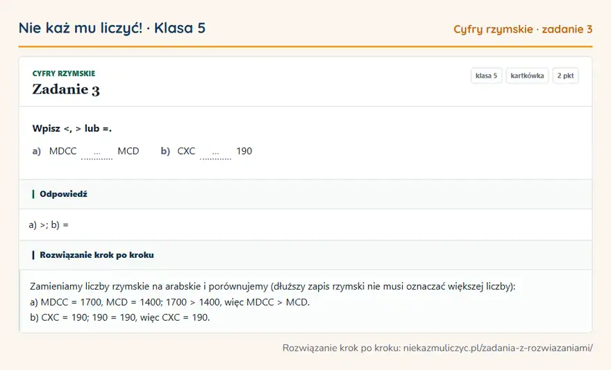 Rozwiązanie zadania 3 — Cyfry rzymskie (klasa 5): Wpisz <, > lub =. a) MDCC … MCD b) CXC … 190
