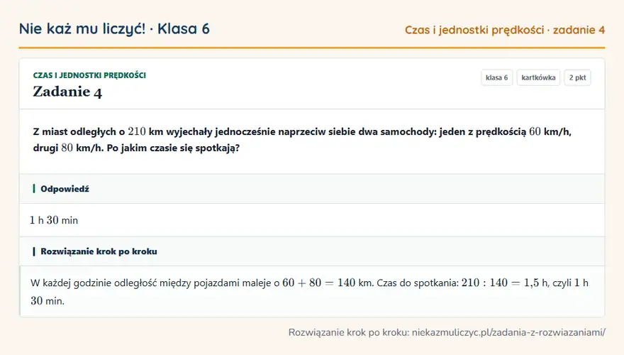 Rozwiązanie zadania 4 — Czas i jednostki prędkości (klasa 6): Z miast odległych o 210 km wyjechały jednocześnie naprzeciw siebie dwa samochody: jeden z…