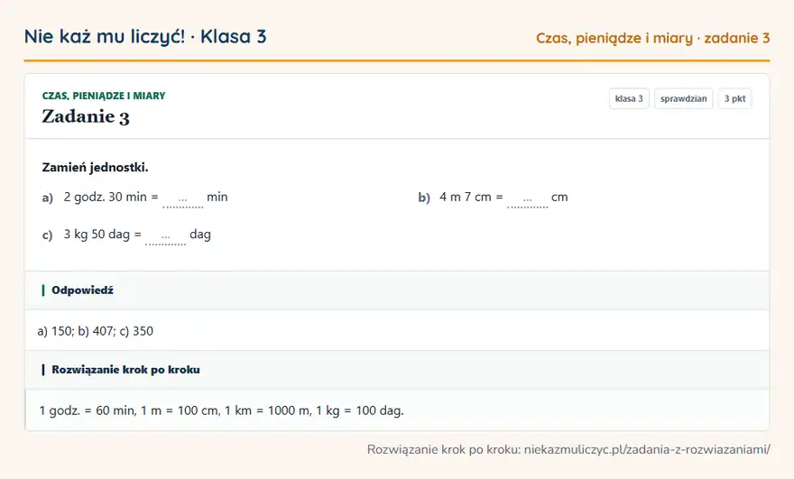 Rozwiązanie zadania 3, sprawdzian „Czas, pieniądze i miary”, klasa 3: Zamień jednostki. a) 2 godz. 30 min = … min b) 4 m 7 cm = … cm c) 3 kg 50 dag = … dag Odpowiedź: a) 150; b) 407; c) 350