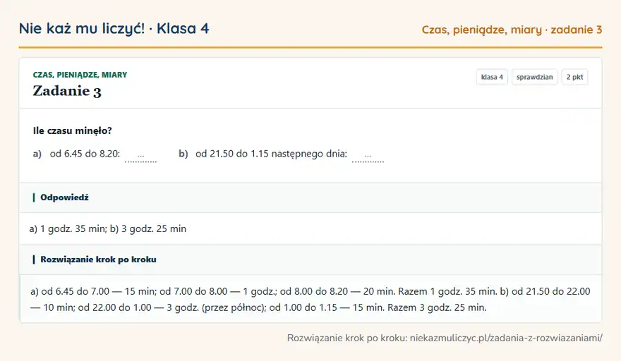 Rozwiązanie zadania 3, sprawdzian „Czas, pieniądze, miary”, klasa 4: Ile czasu minęło? a) od 6.45 do 8.20: … b) od 21.50 do 1.15 następnego dnia: … Odpowiedź: a) 1 godz. 35 min; b) 3 godz. 25 min