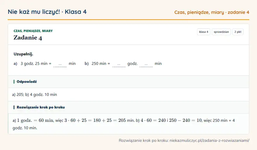 Rozwiązanie zadania 4, sprawdzian „Czas, pieniądze, miary”, klasa 4: Uzupełnij. a) 3 godz. 25 min = … min b) 250 min = … godz. … min Odpowiedź: a) 205; b) 4 godz. 10 min