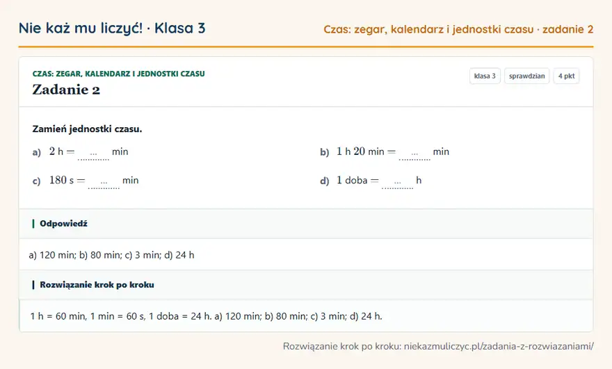 Rozwiązanie zadania 2 — Czas: zegar, kalendarz i jednostki czasu (klasa 3): Zamień jednostki czasu. a) 2 h = … min b) 1 h 20 min = … min c) 180 s = … min d) 1 doba = … h
