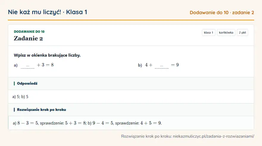 Rozwiązanie zadania 2 — Dodawanie do 10 (klasa 1): Wpisz w okienka brakujące liczby. a) … + 3 = 8 b) 4 + … = 9