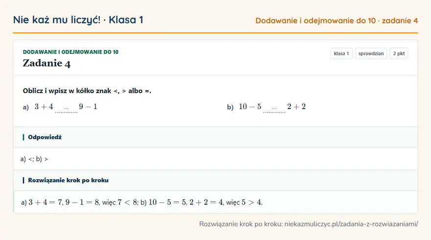 Rozwiązanie zadania 4 — Dodawanie i odejmowanie do 10 (klasa 1): Oblicz i wpisz w kółko znak <, > albo =. a) 3 + 4 … 9 - 1 b) 10 - 5 … 2 + 2
