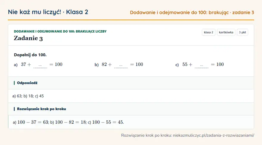 Rozwiązanie zadania 3 — Dodawanie i odejmowanie do 100: brakujące liczby (klasa 2): Dopełnij do 100. a) 37 + … = 100 b) 82 + … = 100 c) 55 + … = 100