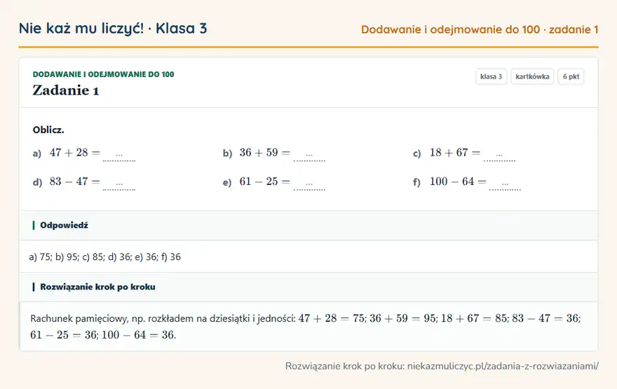 Rozwiązanie zadania 1, kartkówka „Dodawanie i odejmowanie do 100”, klasa 3: Oblicz. a) 47 + 28 = … b) 36 + 59 = … c) 18 + 67 = … d) 83 - 47 = … e) 61 - 25 = … f) 100 - 64 = … Odpowiedź: a) 75; b) 95; c) 85; d) 36; e) 36; f) 36
