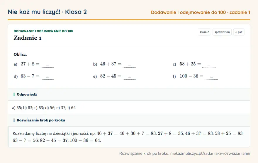 Rozwiązanie zadania 1 — Dodawanie i odejmowanie do 100 (klasa 2): Oblicz. a) 27 + 8 = … b) 46 + 37 = … c) 58 + 25 = … d) 63 - 7 = … e) 82 - 45 = … f) 100 - 36 = …