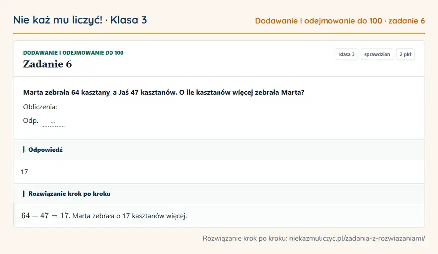 Rozwiązanie zadania 6 — Dodawanie i odejmowanie do 100 (klasa 3): Marta zebrała 64 kasztany, a Jaś 47 kasztanów. O ile kasztanów więcej zebrała Marta? Obliczenia…