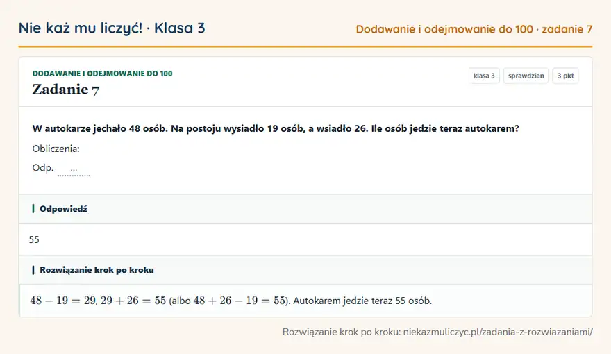 Rozwiązanie zadania 7 — Dodawanie i odejmowanie do 100 (klasa 3): W autokarze jechało 48 osób. Na postoju wysiadło 19 osób, a wsiadło 26. Ile osób jedzie teraz…