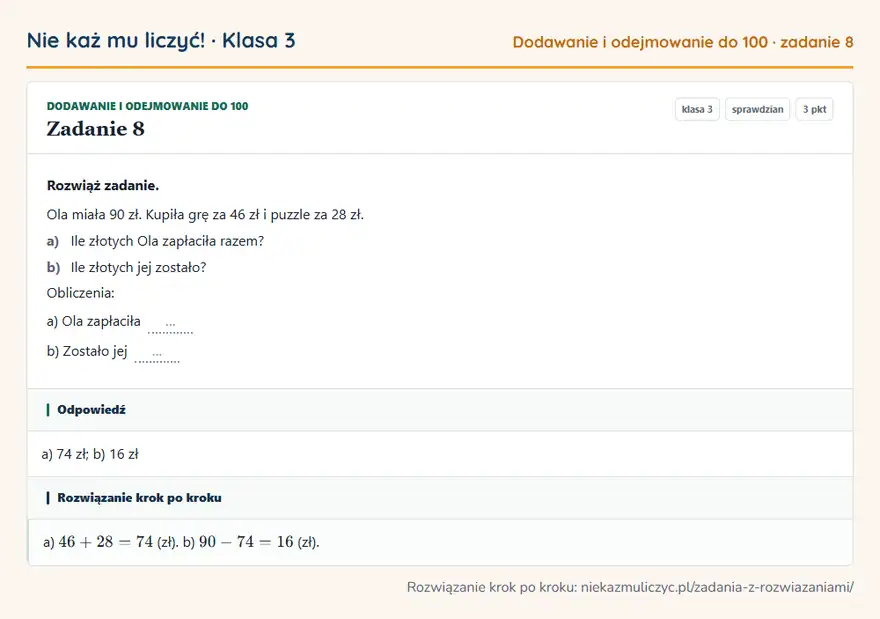 Rozwiązanie zadania 8 — Dodawanie i odejmowanie do 100 (klasa 3): Rozwiąż zadanie. Ola miała 90 zł. Kupiła grę za 46 zł i puzzle za 28 zł. a) Ile złotych Ola…