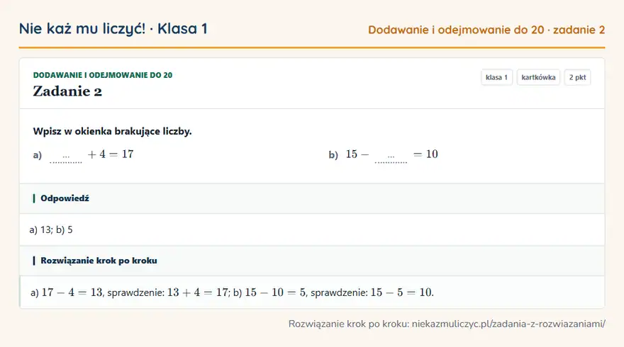 Rozwiązanie zadania 2, kartkówka „Dodawanie i odejmowanie do 20”, klasa 1: Wpisz w okienka brakujące liczby. a) … + 4 = 17 b) 15 - … = 10 Odpowiedź: a) 13; b) 5
