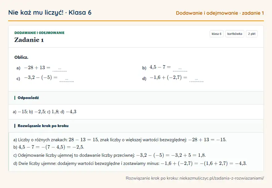 Rozwiązanie zadania 1 — Dodawanie i odejmowanie (klasa 6): Oblicz. a) -28 + 13 = … b) 4,5 - 7 = … c) -3,2 - (-5) = … d) -1,6 + (-2,7) = …
